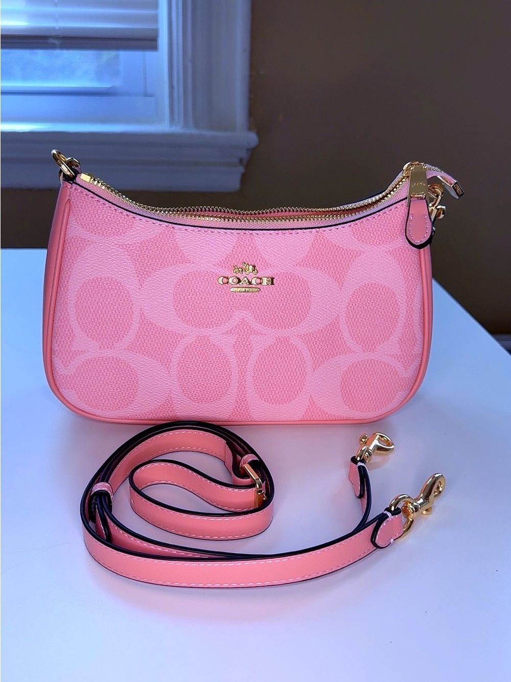Coach Pink Signature Jacquard Crossbody with Gold Hardware